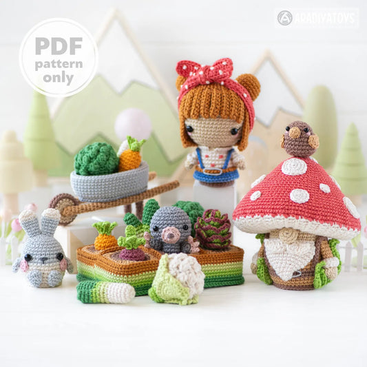 5-in-1 vegetable patch crochet pattern amigurumi by AradiyaToys mini kingdom mushroom gnome crochet tutorial DIY PDF file bunny garden girl